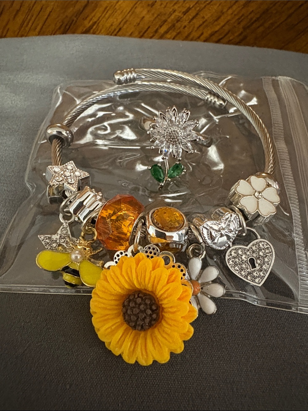 Yellow Sunflower Charm Bracelet & Ring set- Women Jewelry